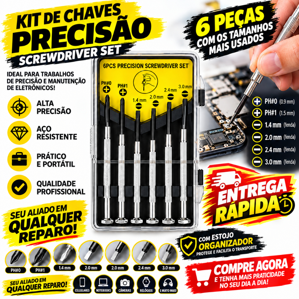 Kit Chaves de Precisão 6 Peças Profissional – PH0 PH1 + Fenda 1.4/2/2.4/3mm para Celular e Eletrônicos