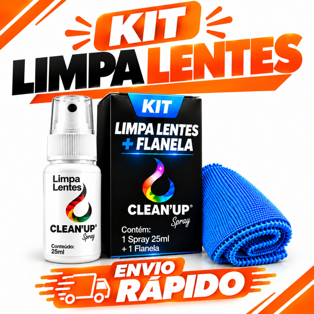 Kit Limpa Lentes Clean'Up Spray 25ml + 1 Flanela Microfibra para Óculos, Celular, Telas, Notebook, Monitor, TV e Tablet