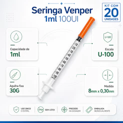 Seringa Para Insulina 1ml 100ui Agulha Fixa 8x0,30mm 20 Unid 1 Ml