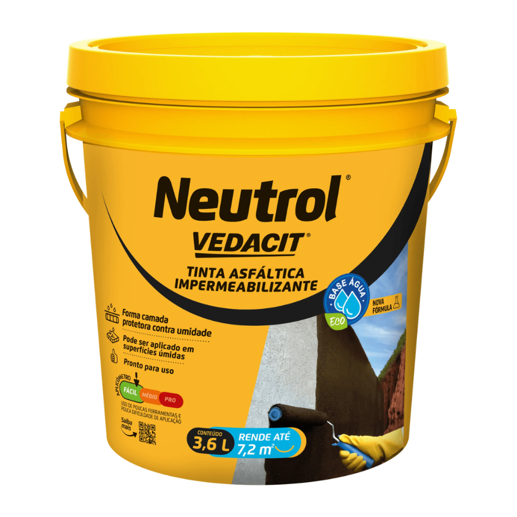 Neutrol Tinta Asfáltica Impermeabilizante Base Água 3,6L Vedacit Alto Desempenho Reforma Construção Área Externa