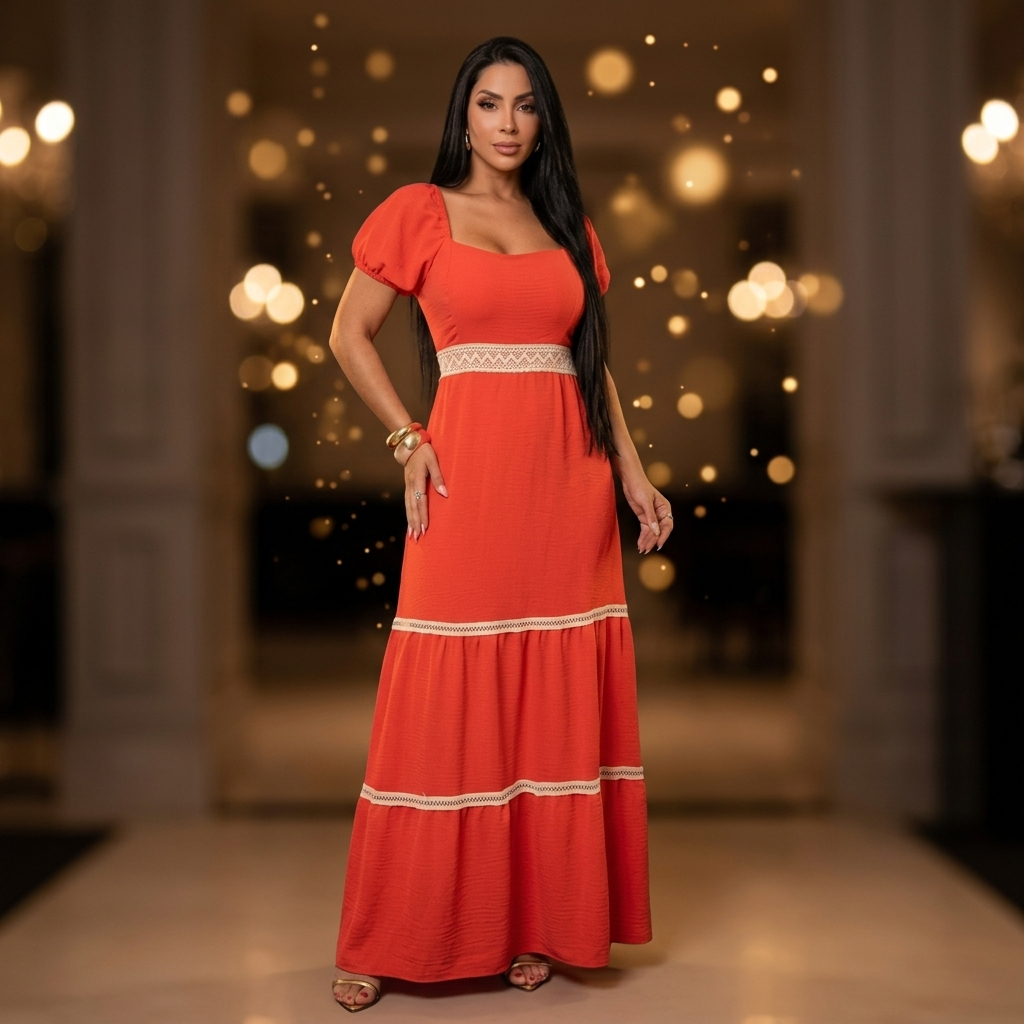 Moda Feminina Vestido Longo Casual Festa Forrado com Renda Elegante Confortável Versátil