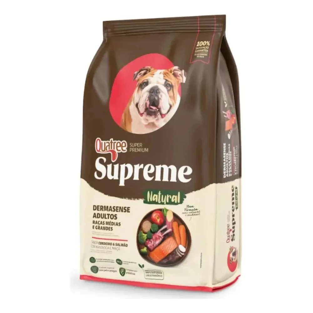 Quatree Supreme Cães Dermasense Adultos de Raças Médias e Grandes Sabor Cordeiro e Salmão 15 kg