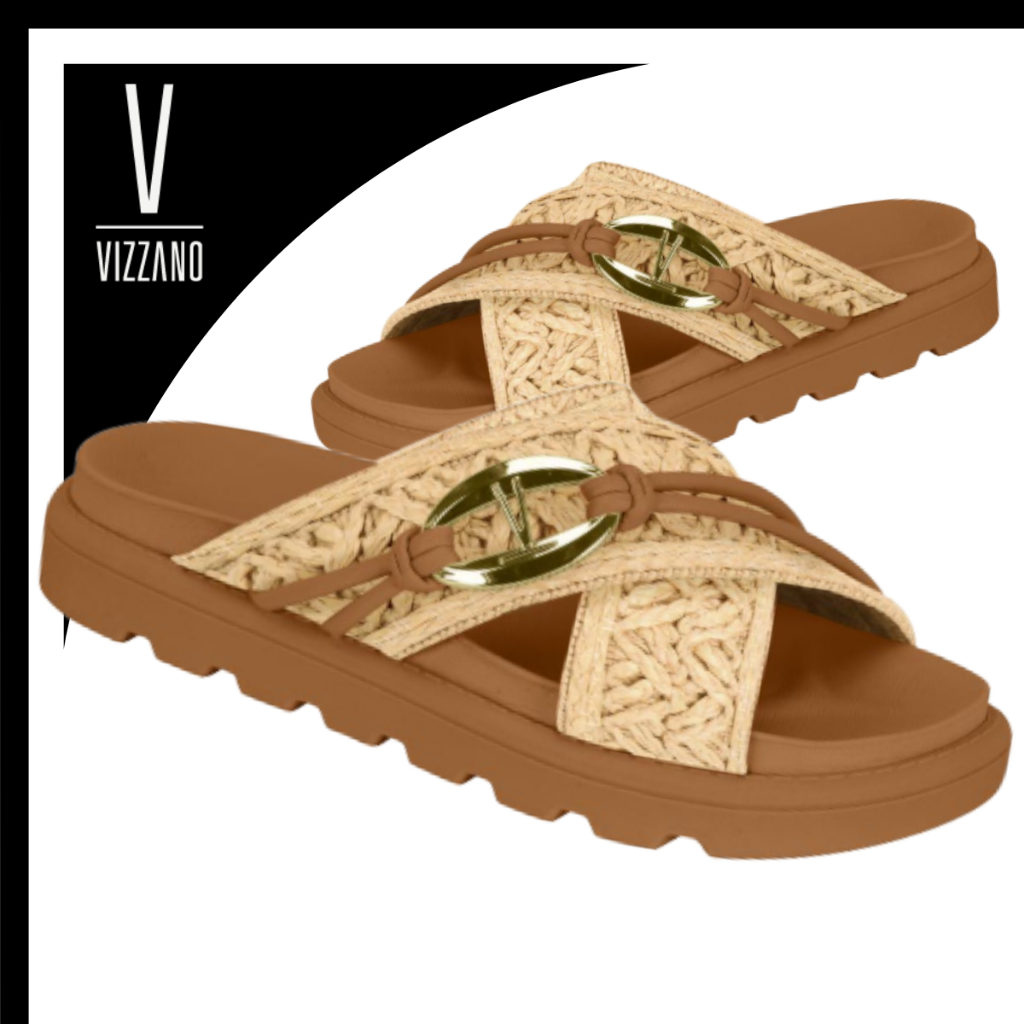 Sandália Papete Vizzano Flatform Tiras Cruzadas Crochê Pingente Dourado Confortável
