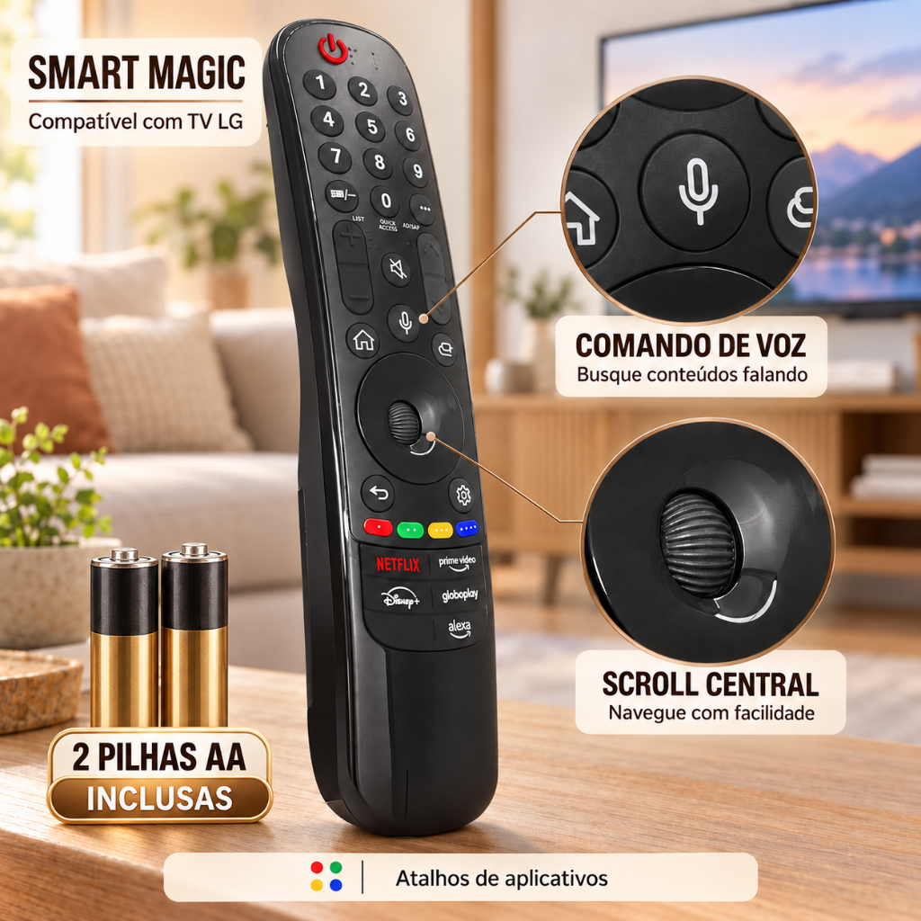 Controle Remoto Substituto Smart Magic TV LG com Comando de Voz, Scroll, Atalhos Netflix e Prime Video e 2 Pilhas AA