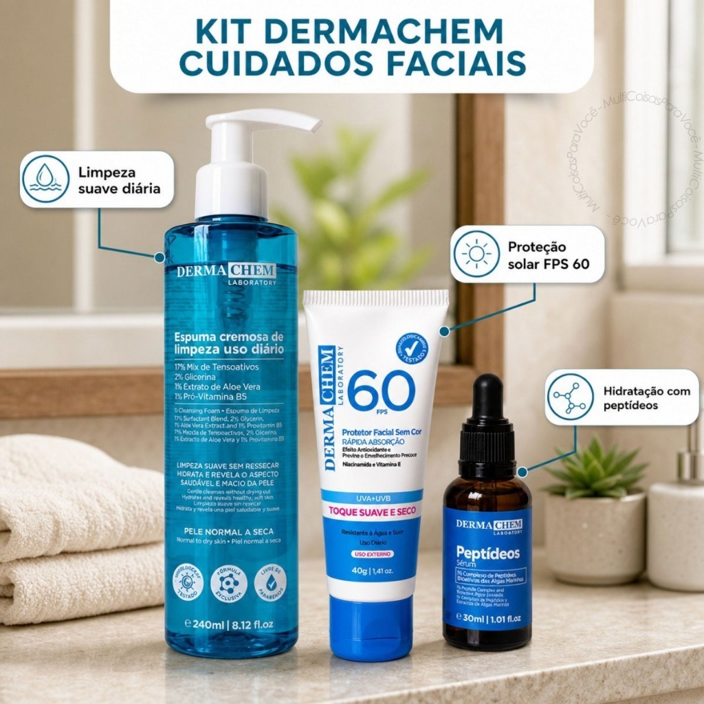 Kit Limpeza Hidratação Facial Espuma Cremosa Protetor Solar FPS 60 Sérum Peptídeos Skincare Cuidados Pele Beleza — imagem 2 de 2