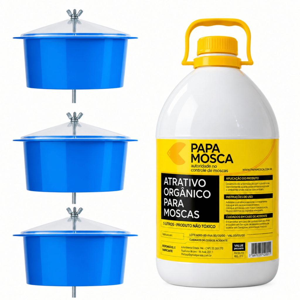 Kit 3 Armadilhas Papa Mosca + 1 Galão 5L Atrativo Natural Papa Mosca Controle Biológico Orgânico