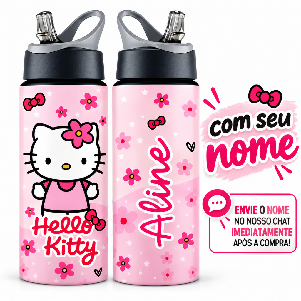 Garrafa de Alumínio da Hello Kitty 600ml Personalizada Com Nome Menina