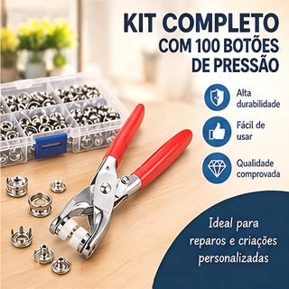 Kit Alicate Aplicador + 100 Botões de Pressão Metal Inoxidável para Roupas e Artesanato
