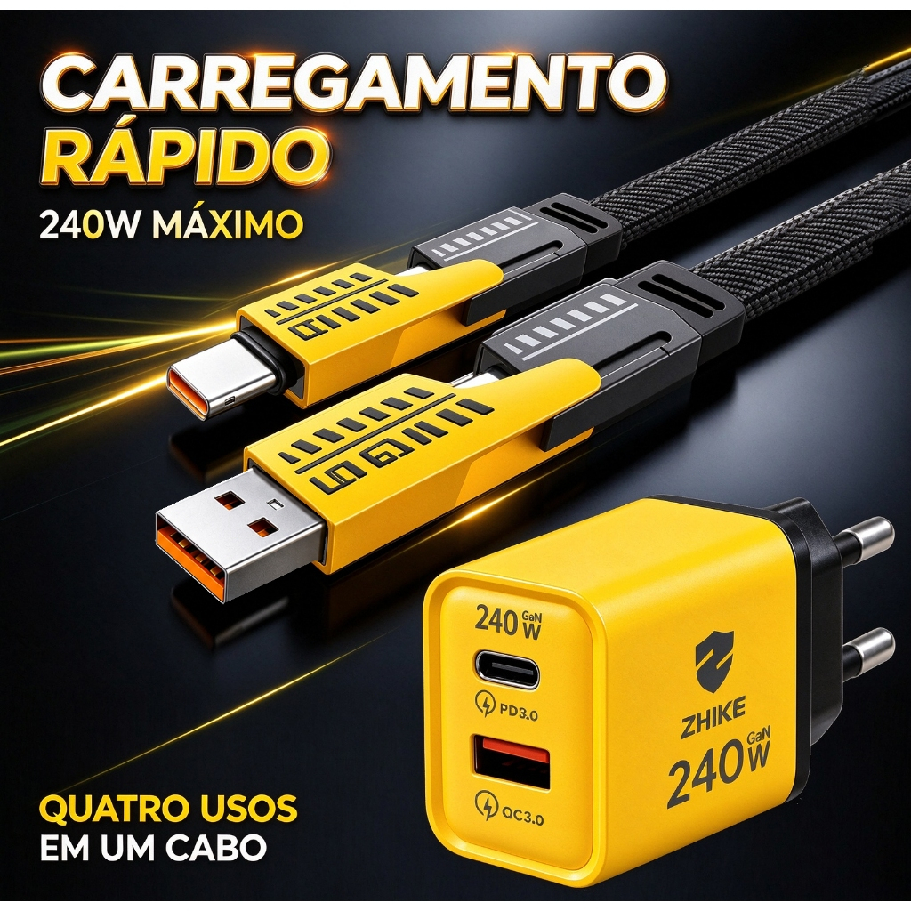 Kit Carregador GaN 240W Cabo 4 em 1 Mecanico PD 65W 2 Portas Tipo C USB A Lightning iPhone Nylon 480Mbps Bivolt ZHIKE