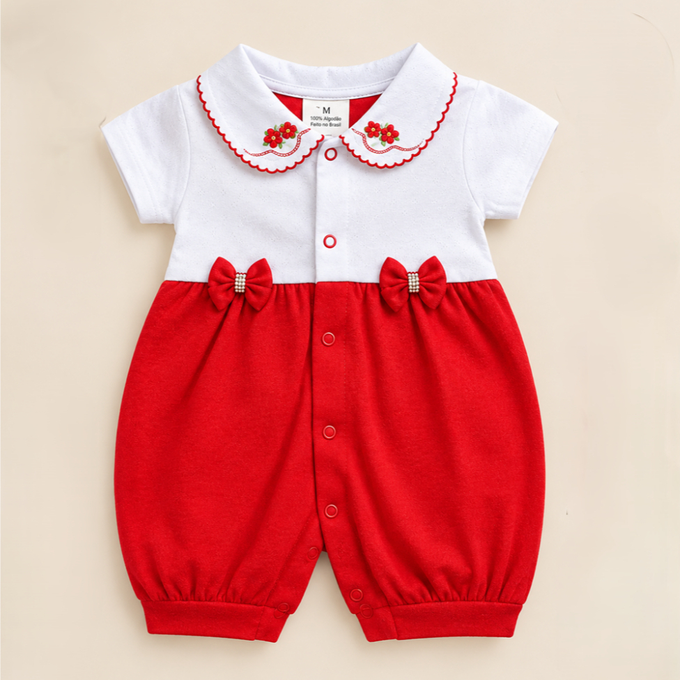 Macacão Bebe Curto Menina Malha 100% Algodão Roupa Bebe Laço