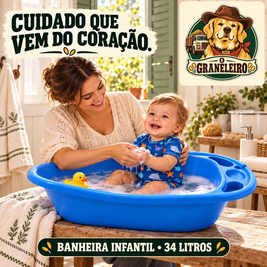 Banheira Infantil 34 Litros Grande para Bebê e Criança com Porta Objetos e Suporte para Shampoo