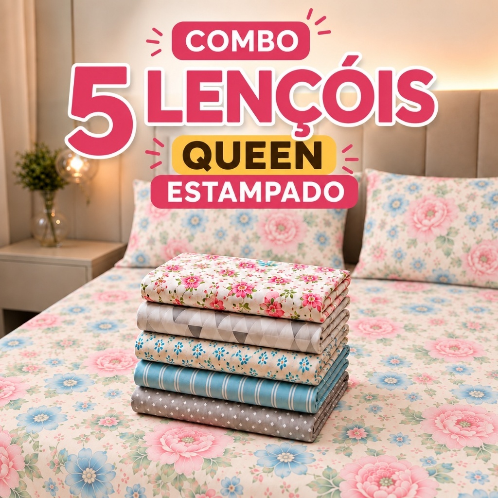 Kit 5 Lençol Queen Estampado Toque Suave Com Elástico