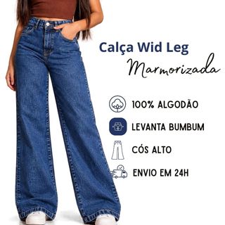 Calça Jeans Feminina Wide Leg Pantalona Marmorizada Cintura Alta Premium