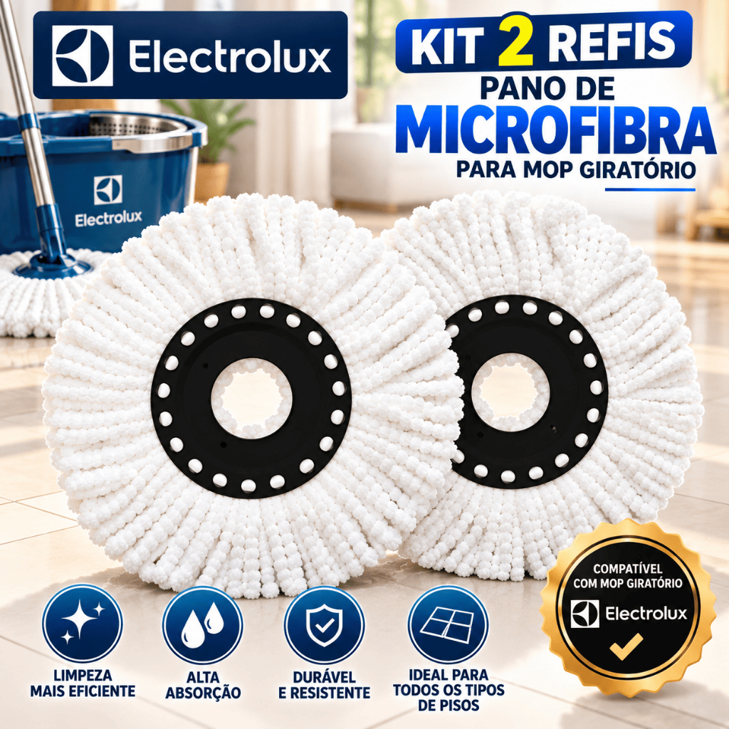 Kit 2 Refil Microfibra Para Mop Giratório Electrolux Menalux Inox Original Limpeza Esfregão Casa