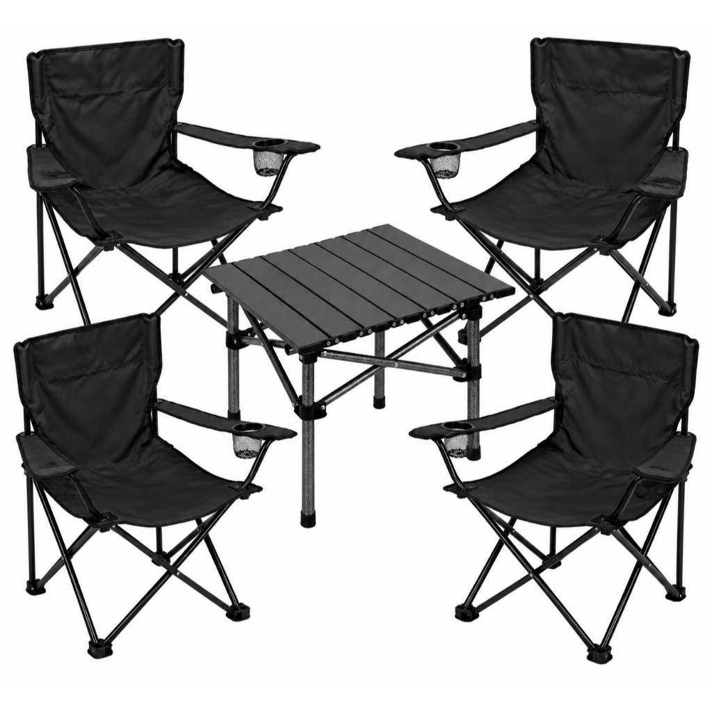 Kit Mesa Dobrável + 4 Cadeira Retrátil Camping Praia Pesca Acampamento Churrasco Com Bag Para Transporte
