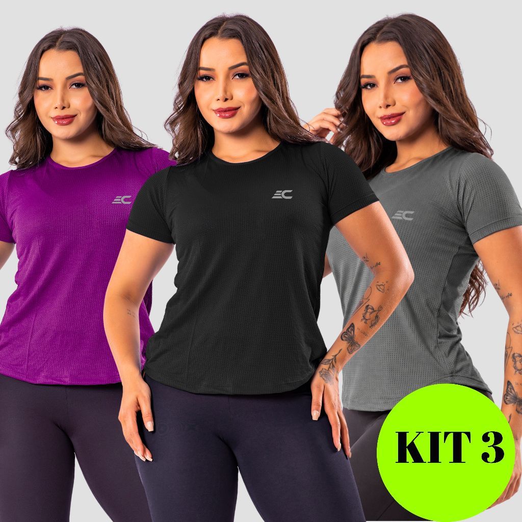 Kit 3 Camiseta Academia Feminina Dry Fit Treino Blusa Caminhada Treino Musculação