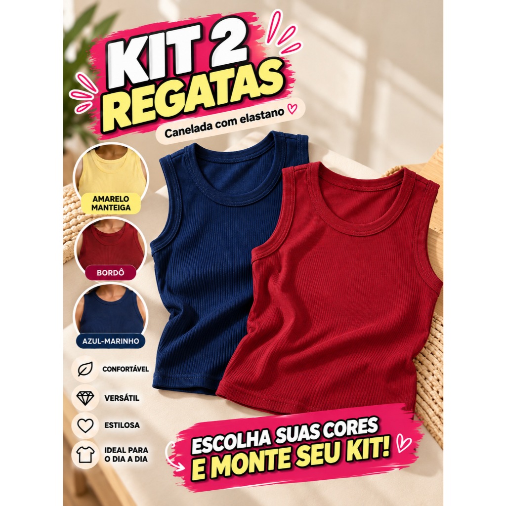 Kit 2 Regatas Femininas Caneladas com Elastano Básica Confortável