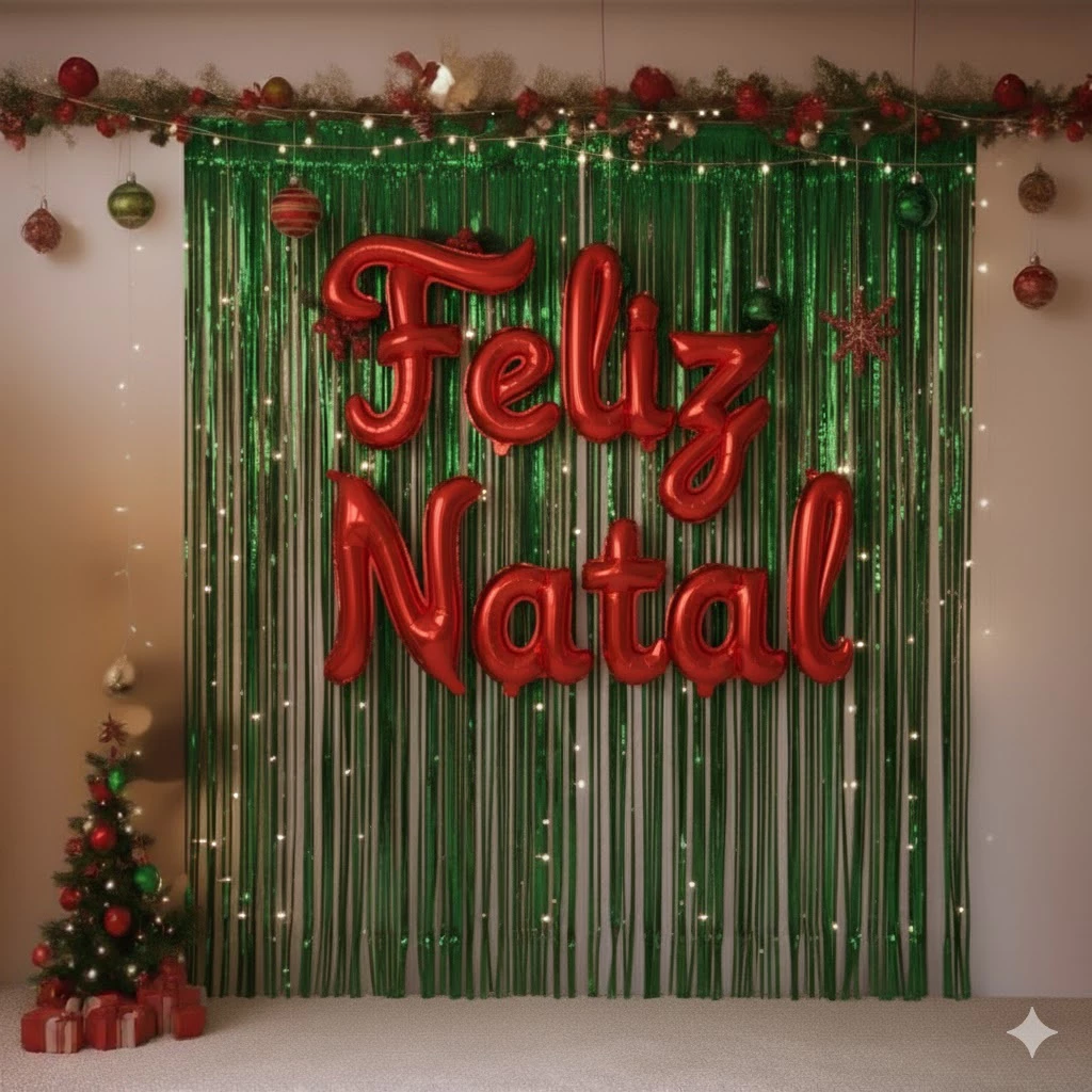 Kit Natalino Balão Metalizado Feliz Natal Cursivo + 2 Cortinas Verde
