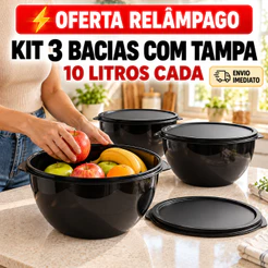 3 Bacias 10 Litros Com Tampa Plástica Tapoer - Tigela Para Churrasco, Saladas e Misturas