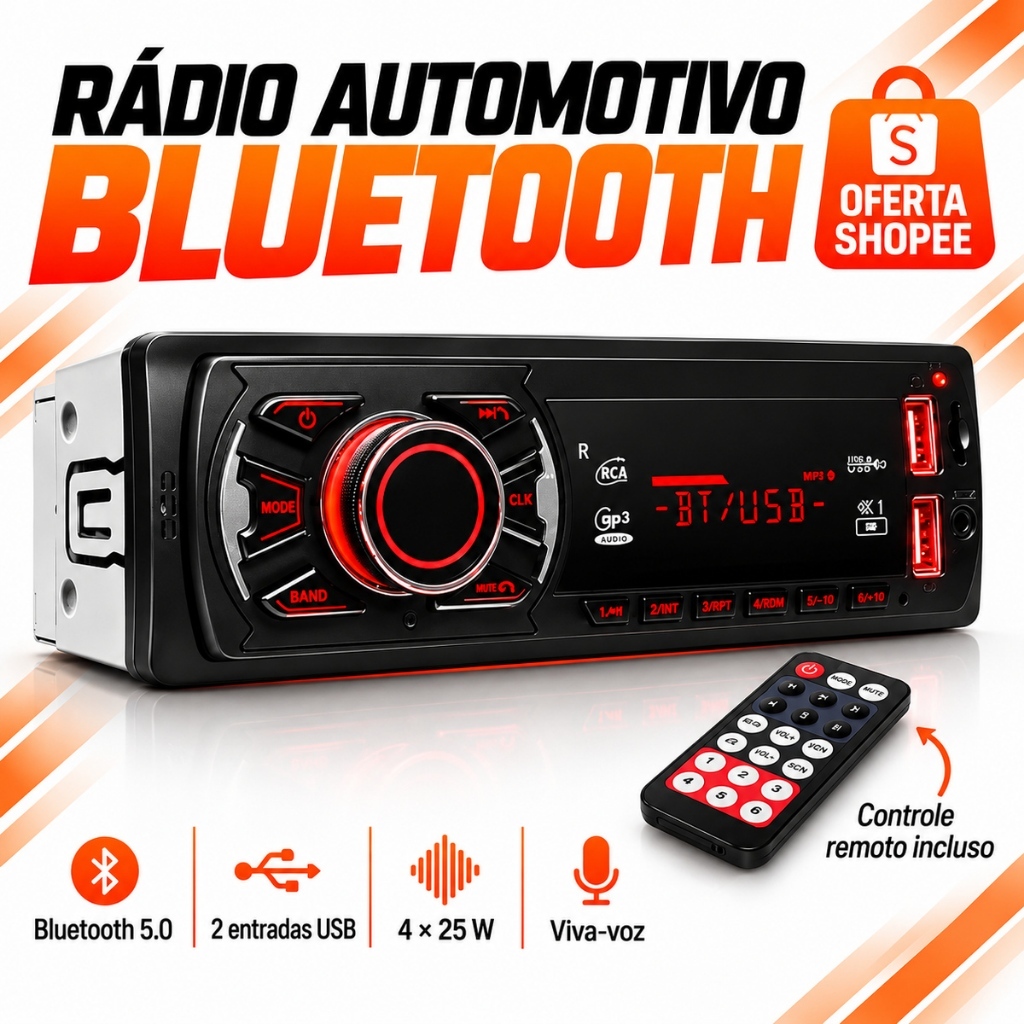 Som Carro Aparelho Radio Automotivo Bluetooth mp3 player universal carrega celular Controle USB