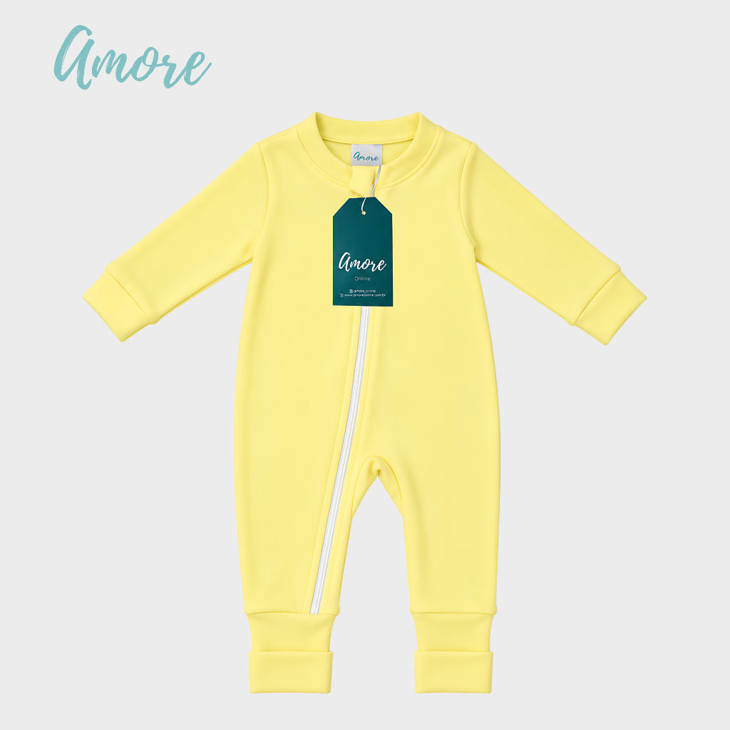 Macacão de Bebê Amore Vira Pé Amarelo Com Zíper e Protetor 100% Algodão