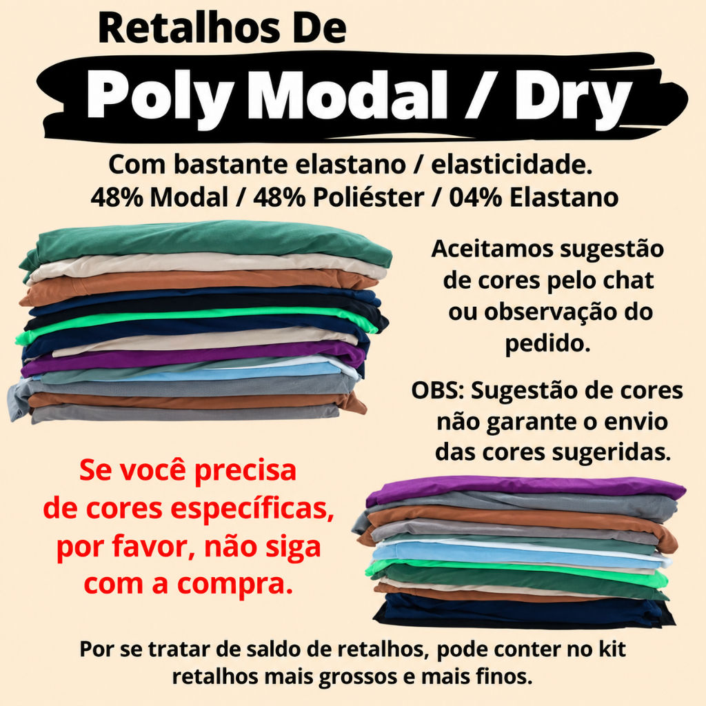 Retalhos de Malha Poly Modal / Poly Dry Premium Com Elastano | Kit 1kg 3kg 5kg Cores Sortidas