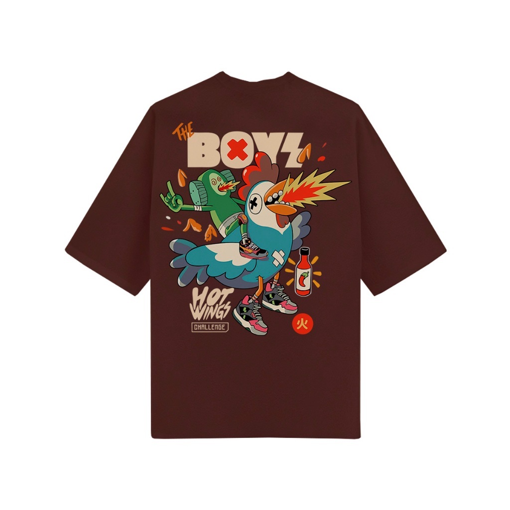Camiseta Oversized Unissex Estampa Frente E Costas The Boyz Hot Wings Estilo Urbano Streetwear Caimento Largo Confortáve