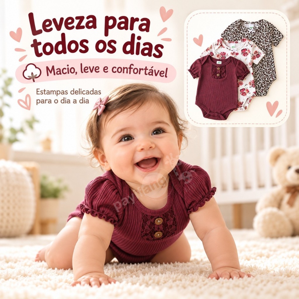 Payifang Kit 3 Bodies Bebê Menina Manga Curta Floral Terracota 100% Algodão 3M 6M 9M 12M — imagem 2 de 2