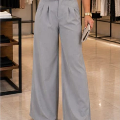 Calça Feminina Pantalona Wide Leg Alfaiataria Cintura Alta com Bolsos