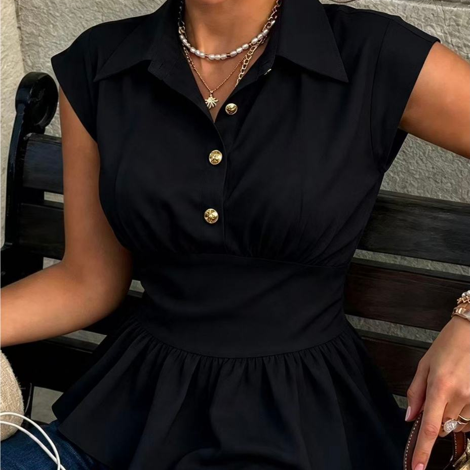 Blusa Elegante Gola Polo Com Botões e Babado Peplum