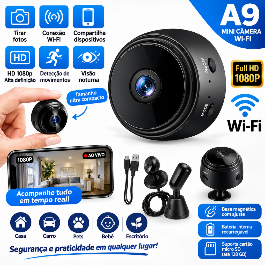 Mini Câmera de Segurança Fixa Espiã A9 Wi-F
