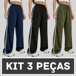 Kit 3 Calças Feminina Malha Confortável com Listras Laterais Estilosa Moda Gringa Tendência