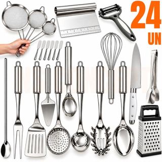 Kit Utensílios de Cozinha Inox 24 Peças Colher de Arroz Concha Escumadeira Espátula Vazada Pegador