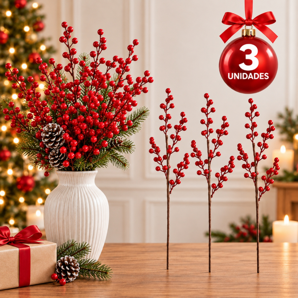 Kit 3 Galhos Azevinho Fruta Natalina Cereja Berry Artificial Decoração de Natal para vaso Enfeite Topo Arvore de Natal