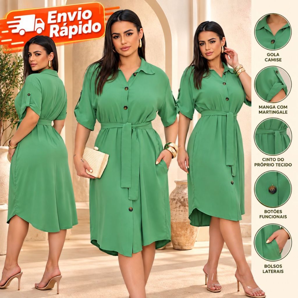 Vestido Chemise Liso Midi Feminino Botões Funcionais Bolso laterais cinto do tecido viscolinho