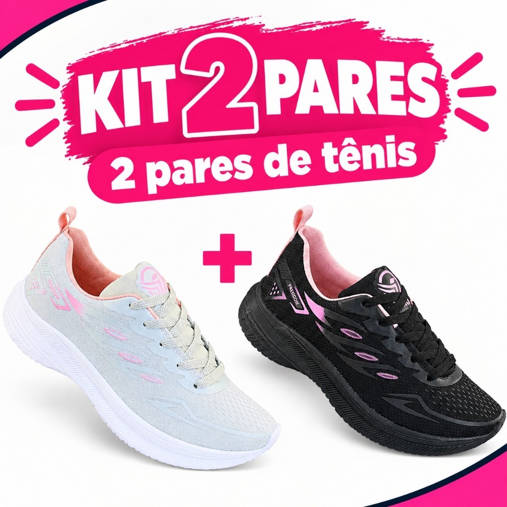 KIT  02 pares Tenis Feminino Escolar Academia Original FREEDOM Corrida Caminhada PROMOCAO ROSA PRETO+ CINZA ROSE