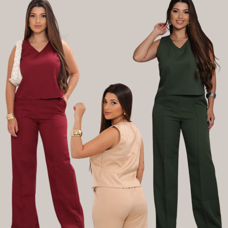 conjunto feminino Elegante Regata Decote V Calça Pantalona Wide Leg Cintura Alta Social Confortável Plus Size G1 G2