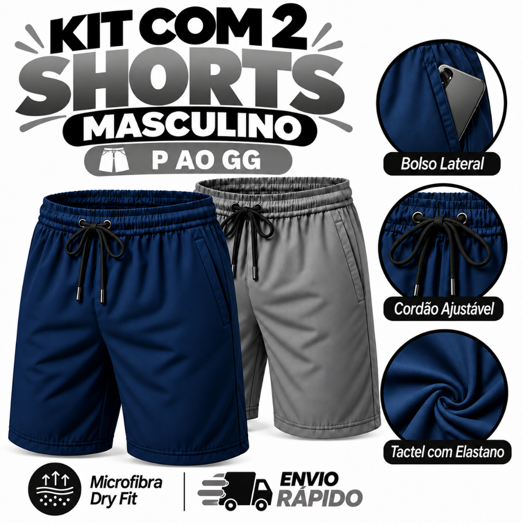 Kit 2 Shorts Masculino Tactel com Elastano Microfibra Dry Fit Conforto Bolso Cordão Academia Praia Treino Casual P ao GG