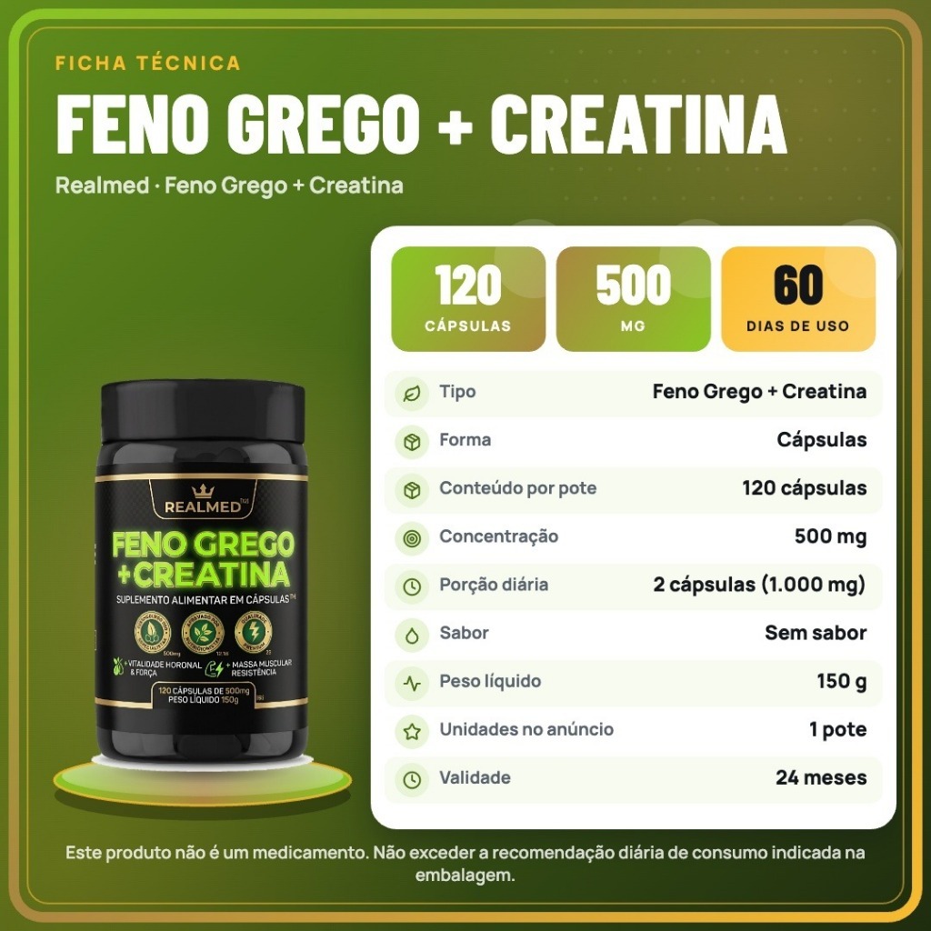Creatina + Feno 500mg (120 cáps) — Força, Resistência e Recuperação — imagem 2 de 2