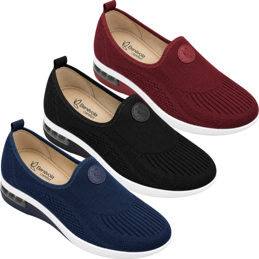 Tênis Ortopédico Feminino Ultra Conforto Benévola Knit Slip On Calce Fácil Esporão Fascite Plantar