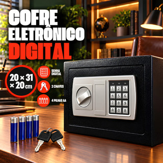 Cofre Eletrônico Digital com Senha e Chave 20 × 31 × 20 cm, 2 chaves, 4 pilhas AA, carpete e manual  - ENVIO IMEDIATO