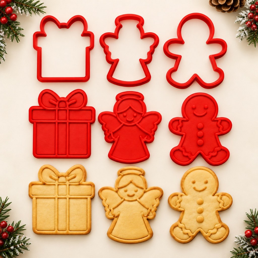 Kit Cortador de Biscoito Natal 6 Peças Marcador Carimbo Anjo Boneco de Gengibre Presente Molde Cookie Natalino