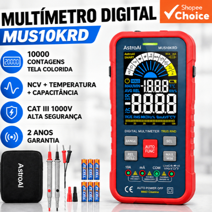 Multímetro Digital Inteligente SMART 10000 Contagens Tela LCD Colorida NCV Temperatura Capacitância Voltímetro AstroAI