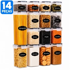Kit 14 Potes Herméticos Empilháveis Quadrado Resistente Plástico Cozinha Dispensa Alimentos e Bebida