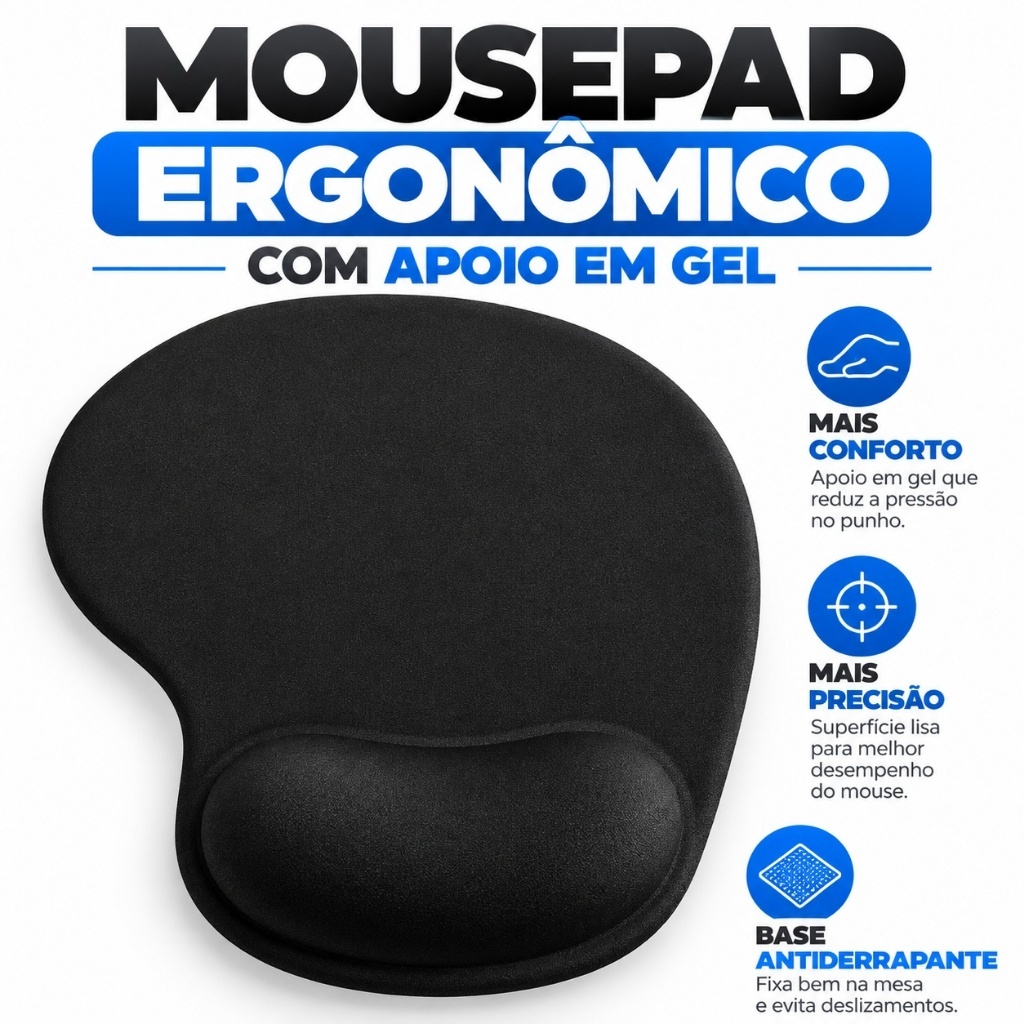 Mousepad Ergonomico Apoio Pulso Gel Preto Conforto Escritorio Computador Antiderrapante Macio