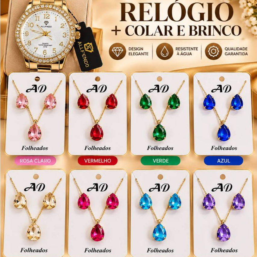 Kit Relógio Feminino com Colar e Brincos Gota Folheados Dourados Resistente à Água Cristal Pedras