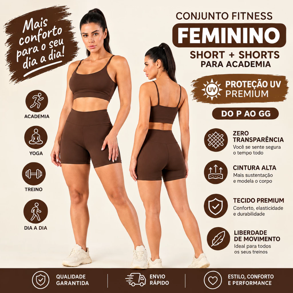 Kit Conjunto Fitness para Academia com Top e Shorts Zero Transparência