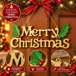 Enfeite Letreiro Feliz Natal Decoração Dourado Brilhante Elegante Luxo Merry Christmas TOMIX