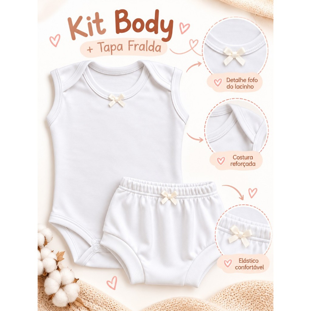 Kit Conjunto 2 Body sem Manga + 2 Tapa Fralda Bebê  Meninos e Meninas 0 a 18 meses