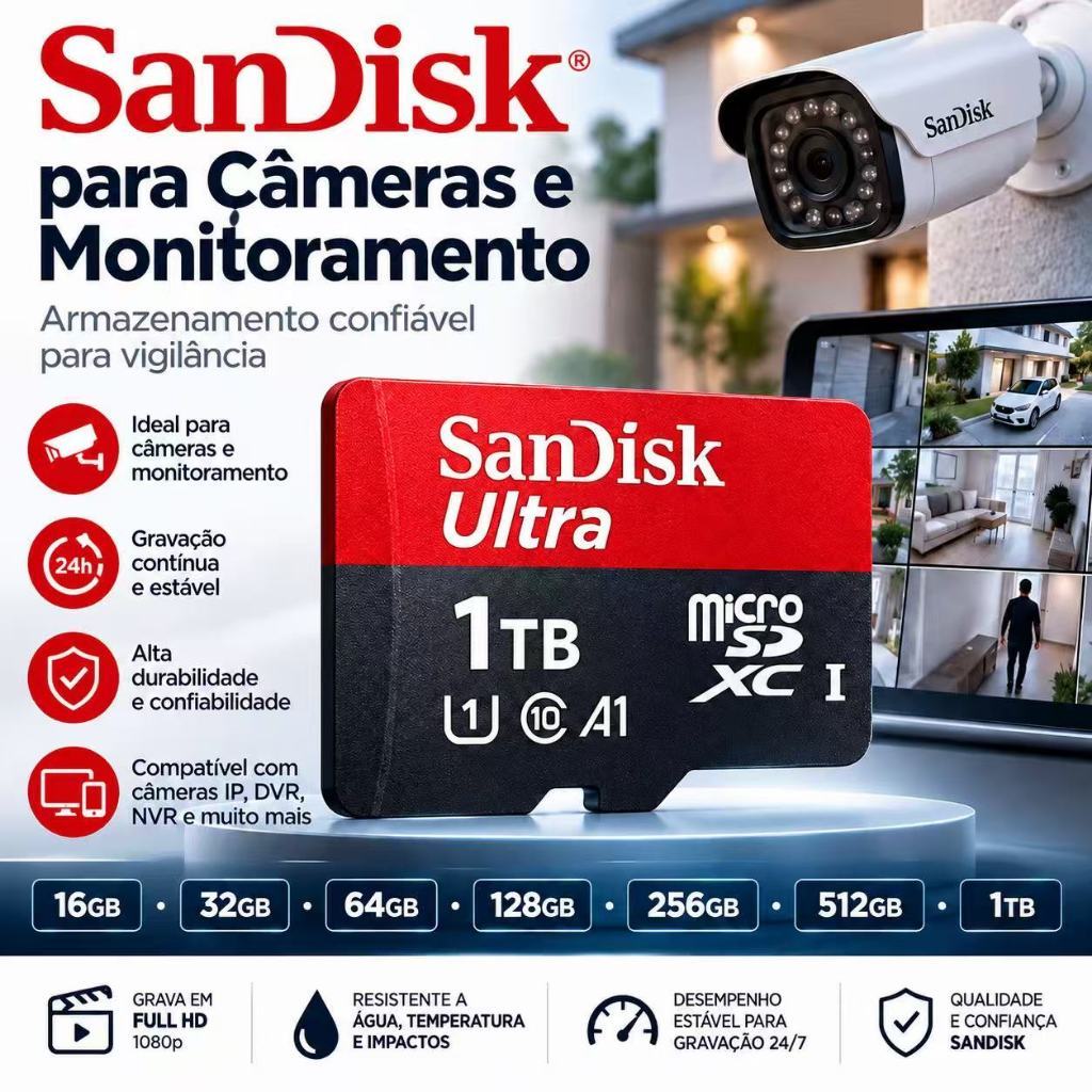 Cartão de Memória Ultra MicroSD 1TB com Adaptador SD para Fotos, Vídeos e Arquivos